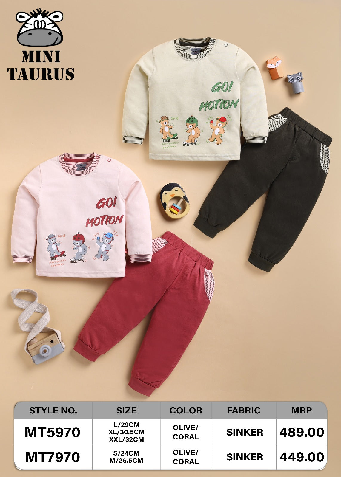 Mini Taurus "Go Motion" Baby Top & Jogger Set – Full Sleeve Outfit for Boys & Girls