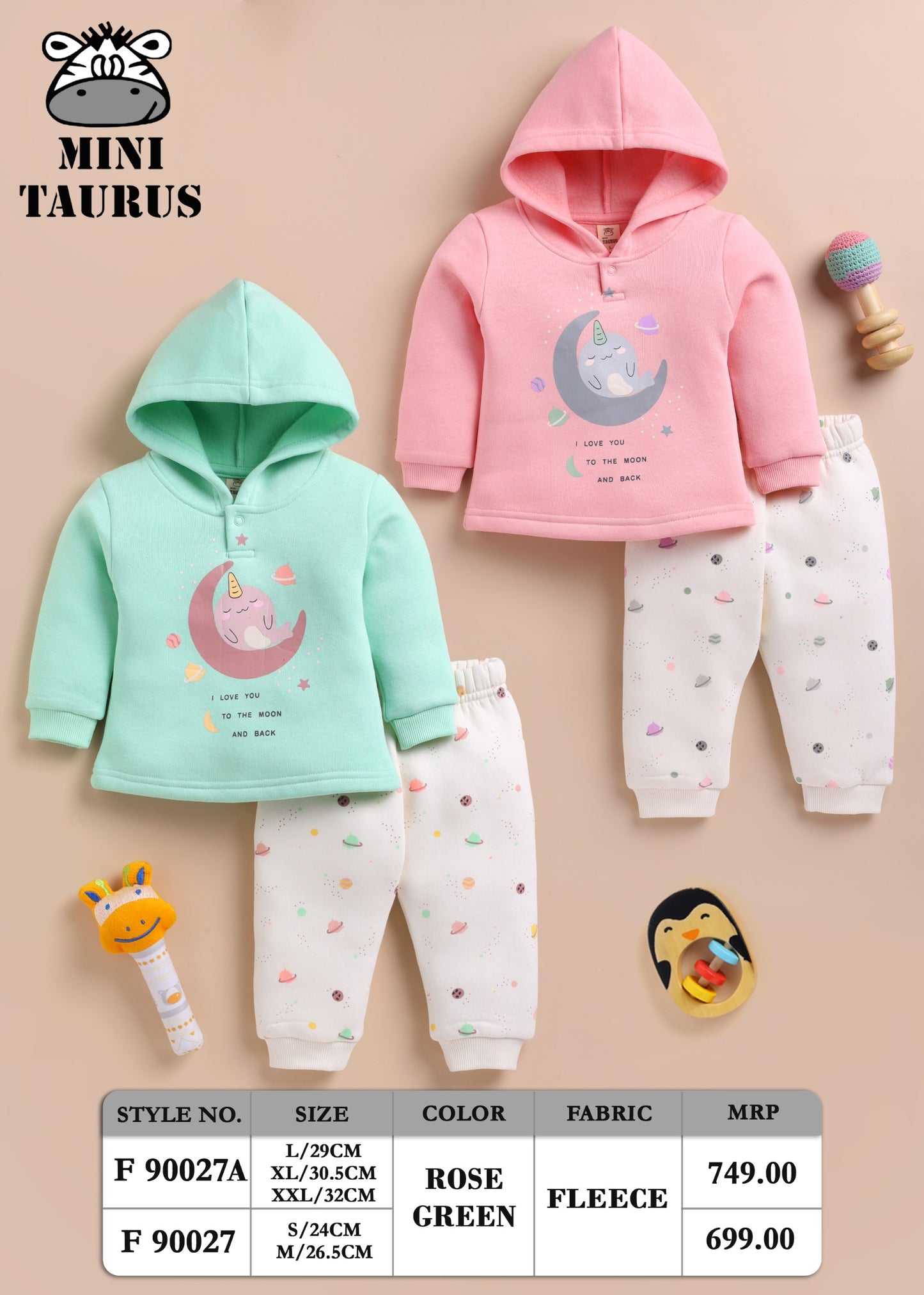 Mini Taurus Baby Hoodie Set – “To the Moon & Back” Fleece Outfit for Girls