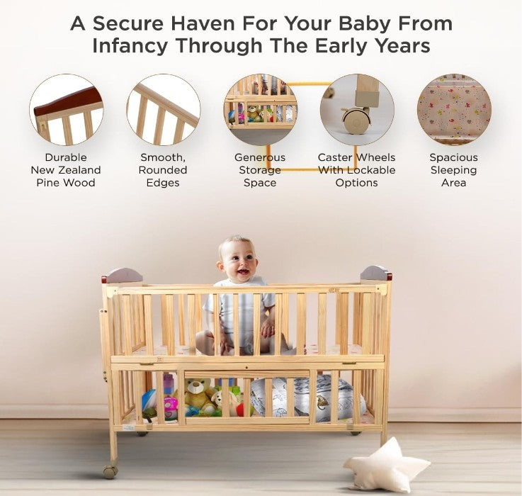 Mee Mee Wooden Baby Cot with Mosquito Net for 0-3 Years | Toddler Bed, Cradle, Rocker