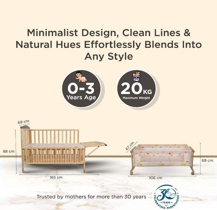 Mee Mee Wooden Baby Cot with Mosquito Net for 0-3 Years | Toddler Bed, Cradle, Rocker