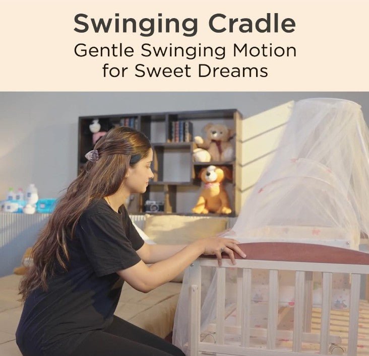 Mee Mee Wooden Baby Cot with Mosquito Net for 0-3 Years | Toddler Bed, Cradle, Rocker