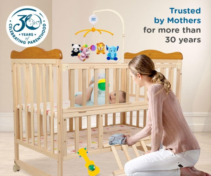 Mee Mee Premium Wooden Baby Cot | Extendable Swinging Bed with 360° Rotation