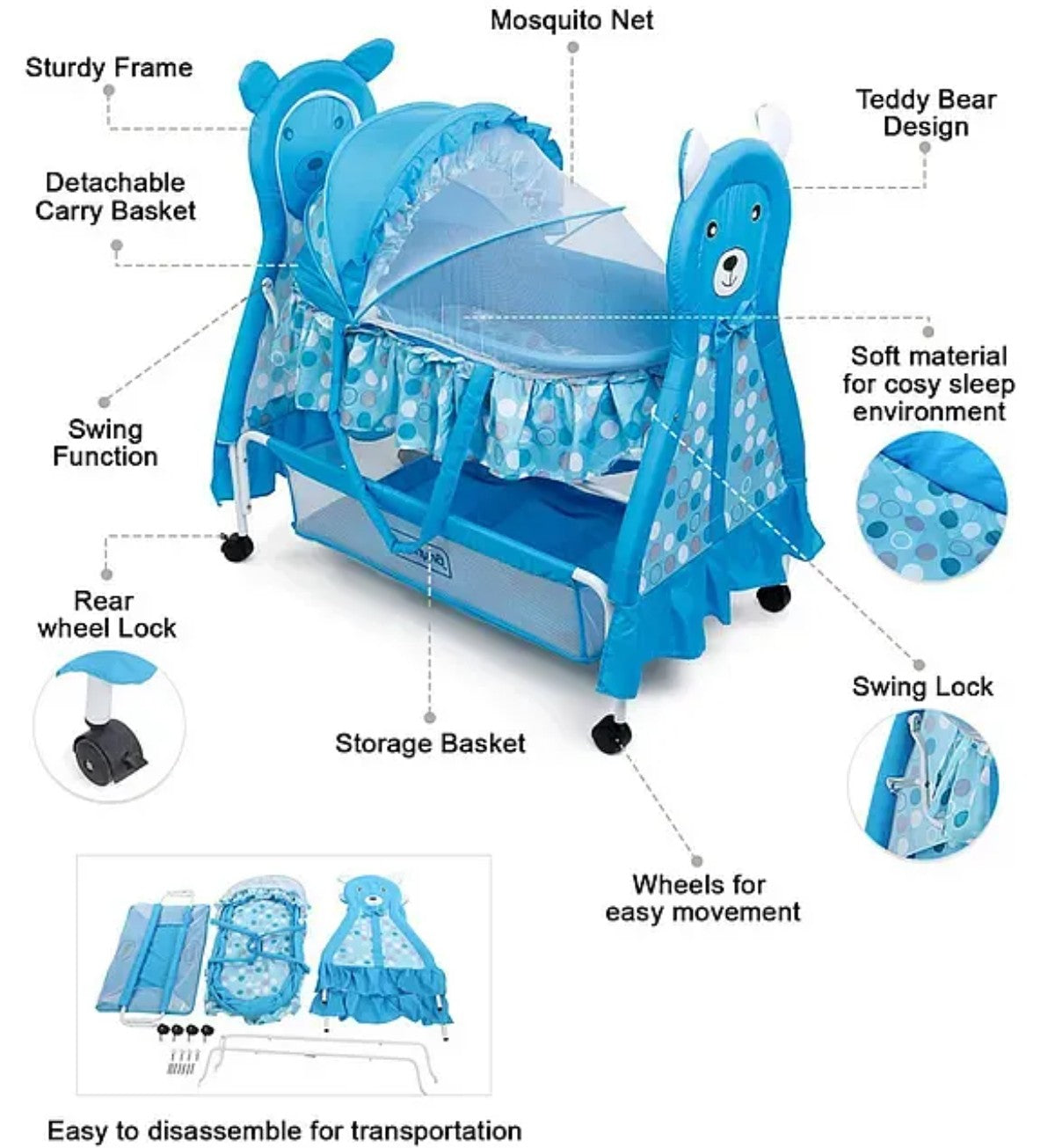Cat Model Metal Baby Cradle | Baby Swing Cot with Mosquito Net & Mattress