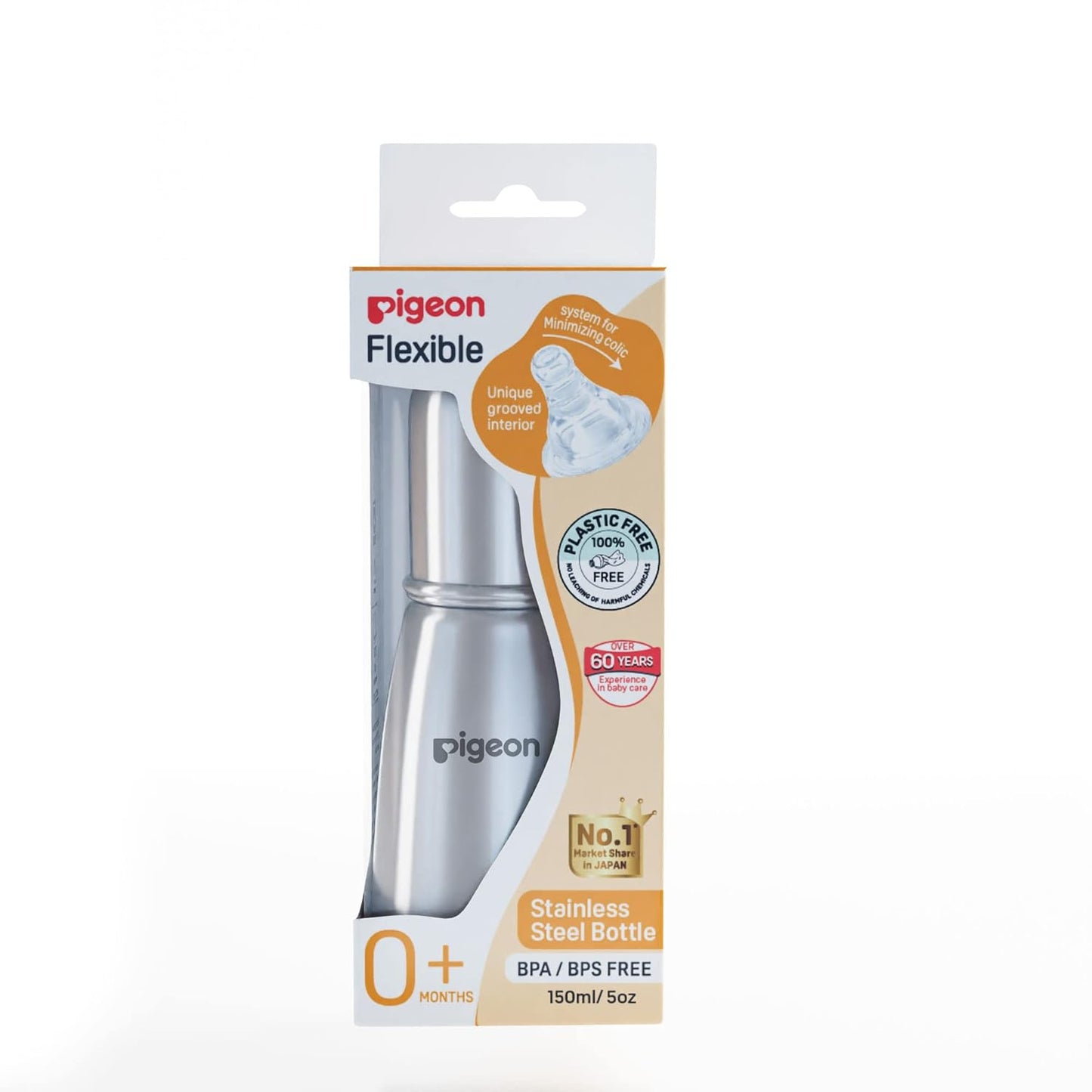 Pigeon Flexible Stainless Steel Feeding Bottle 150ml Om+