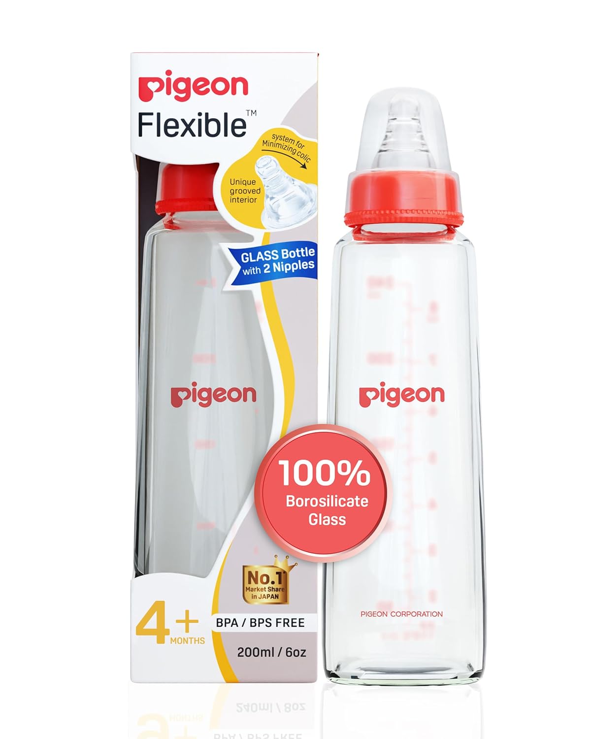 Pigeon Flexible Feeding Glass Bottle 200ml 4m+
