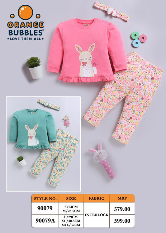 Orange Bubbles Baby Girl Bunny Print Top & Legging Set – Ruffle Hem Interlock Outfit