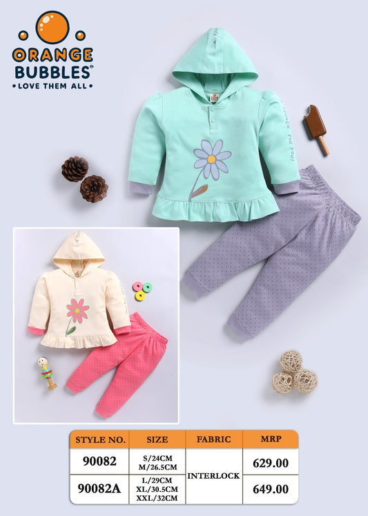 Orange Bubbles Baby Girl Floral Hoodie & Jogger Set – Ruffled Interlock Cotton Outfit