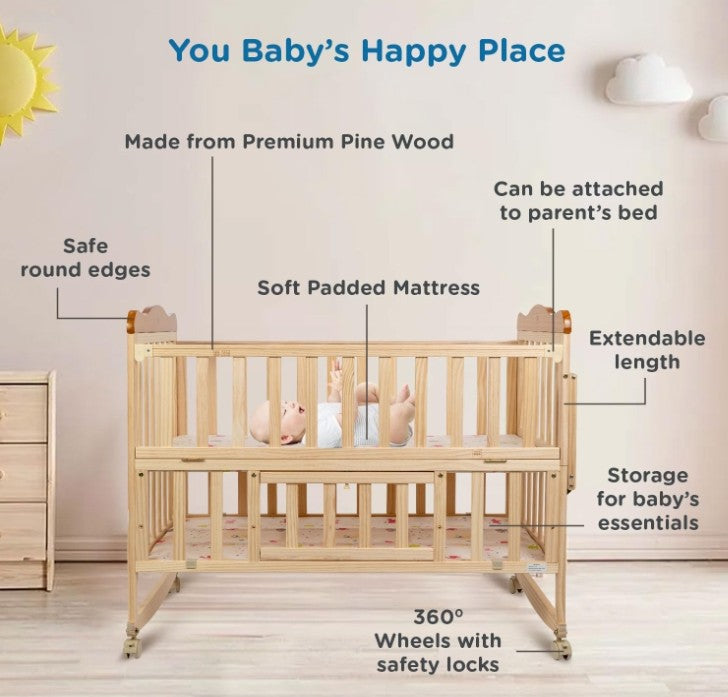 Mee Mee Premium Wooden Baby Cot | Extendable Swinging Bed with 360° Rotation