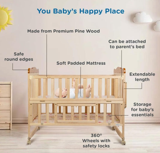Mee Mee Premium Wooden Baby Cot | Extendable Swinging Bed with 360° Rotation