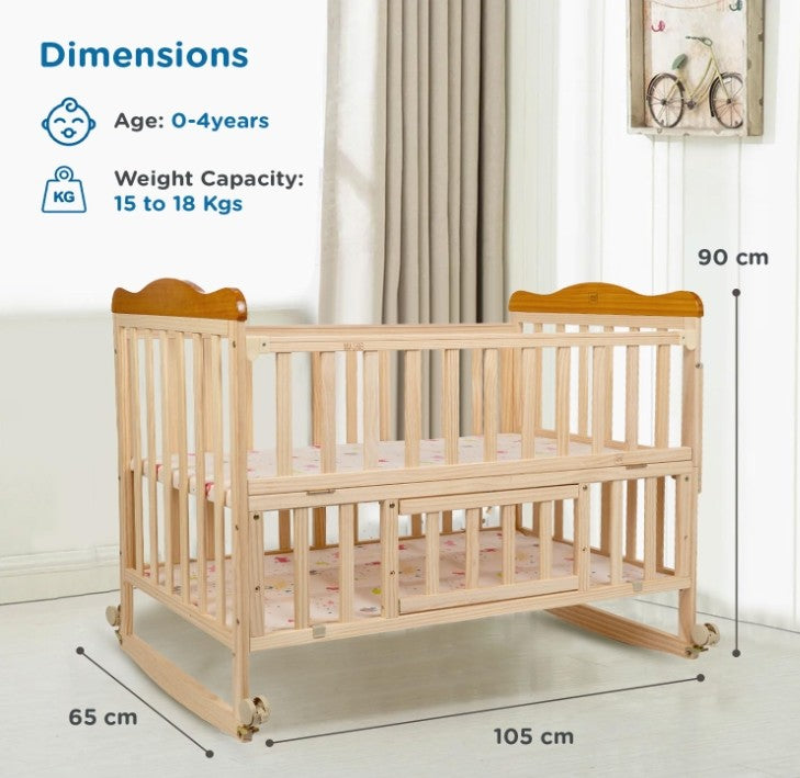 Mee Mee Premium Wooden Baby Cot | Extendable Swinging Bed with 360° Rotation