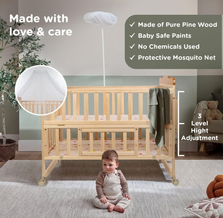 Mee Mee Premium Wooden Baby Cot | Extendable Swinging Bed with 360° Rotation