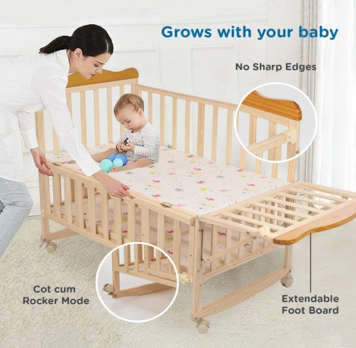Mee Mee Premium Wooden Baby Cot | Extendable Swinging Bed with 360° Rotation